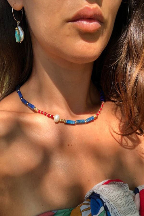 Lapis Lazuli + Kırmızı Akik + Inci Doğal Taş Kolye