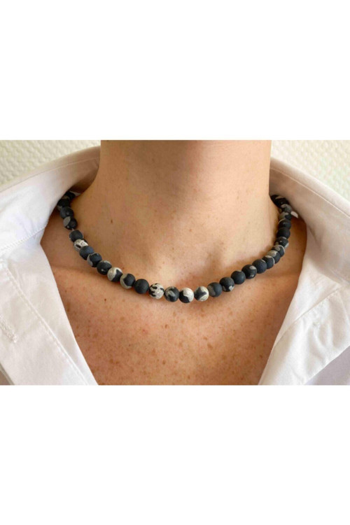 Sertifikalı Siyah Akik Taşı Doğaltaş Kolye 8 Mm