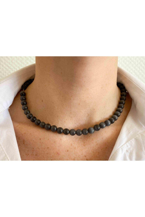 Sertifikalı Siyah Akik Taşı Doğaltaş Kolye 8 Mm