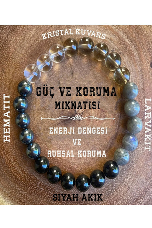 Doğal Taş Güç Ve Koruma Mıknatısı Bilekliği (Kristal Kuvars, Hematit, Larvakit , Siyah Akik )