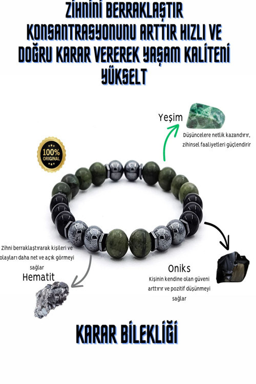 Sertifikalı Doğal Taş Karar Tılsım Bilekliği ( Yeşim Taşı, Oniks, Hematit )