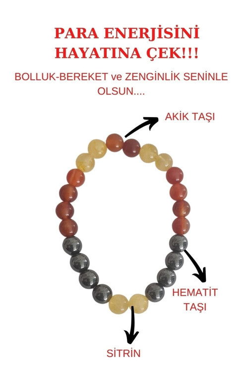 Sertifikalı Para Bereket Ve Zenginlik Doğal Taş Tılsım Bilekliği Hematit, Sitrin, Akik Taşı