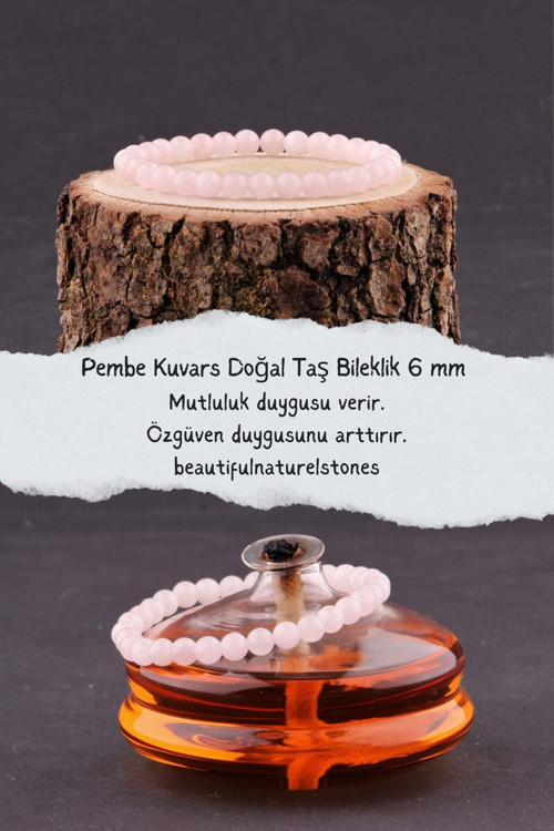 Sertifikalı Pembe Kuvars Doğal Taş Bileklik 6 Mm ( Mutluluk,Özgüven,Sağlık)