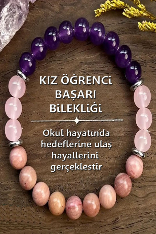 Sertifikalı Doğal Taş Kız Öğrenci Başarı Bilekliği 8 Mm ( Ametist - Pembe Kuvars - Rodonit )