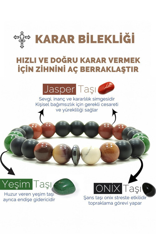 Sertifikalı Karar Bilekliği Oniks Jasper Yeşim Hematit Doğal Taş Bileklik