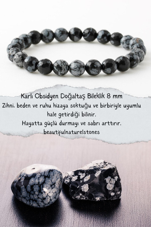 Karlı Obsidyen Doğaltaş Bileklik 8 Mm ( Taş Hediyeli )(Negatif Duygu, His Ve Enerjiye Karşı Kalkan )