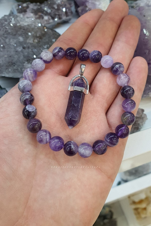 Sertifikalı Ametist Doğal Taş Bileklik 8 Mm Aa Kalite ( Kolye Hediyeli ) ( Yaşam Enerjisi )