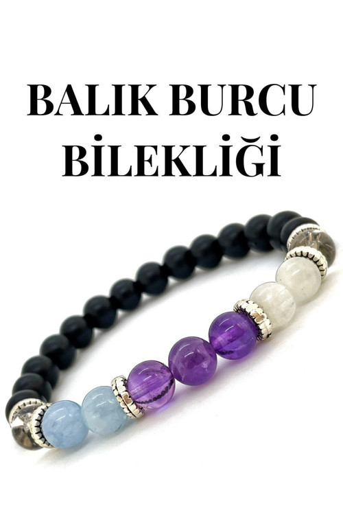 Doğaltaş Bileklik - Balık Burcu Bileklik - Ametist- Akuamarin - Ay Taşı - Kuvars