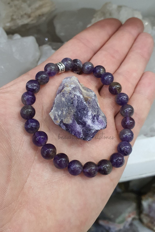 Ametist Doğal Taş Bileklik 8 Mm ( Doğal Taş Hediyeli ) ( Pozitif Enerji ,Nazar ,Yaşam Sevinci )