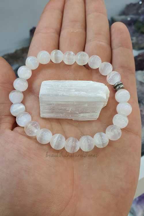 Selenit Doğal Taş Bileklik 8Mm Çok Kaliteli ( % 100 Gerçek ) ( Aurayı Temizleme ) ( Taş Hediyeli )
