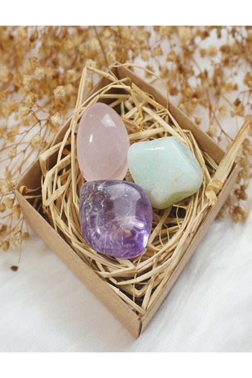 Sertifikalı Aquamarin - Pembe Kuvars Ve Ametist Taşı 3 Lü Set