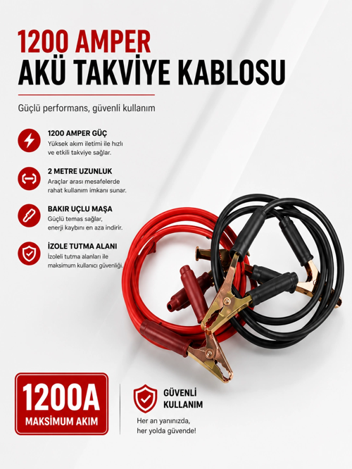 1200 Amper Akü Kablosu 2 Metre Bakır Uçlu
