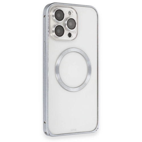 İphone 15 Pro Max Kılıf Metal Bumper Magneticsafe Kapak - Gri
