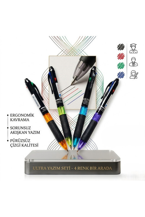 4 Colours Mavi Siyah Kırmızı Yeşil 4 Renk Yazan Tükenmez Kalem - 1 Adet