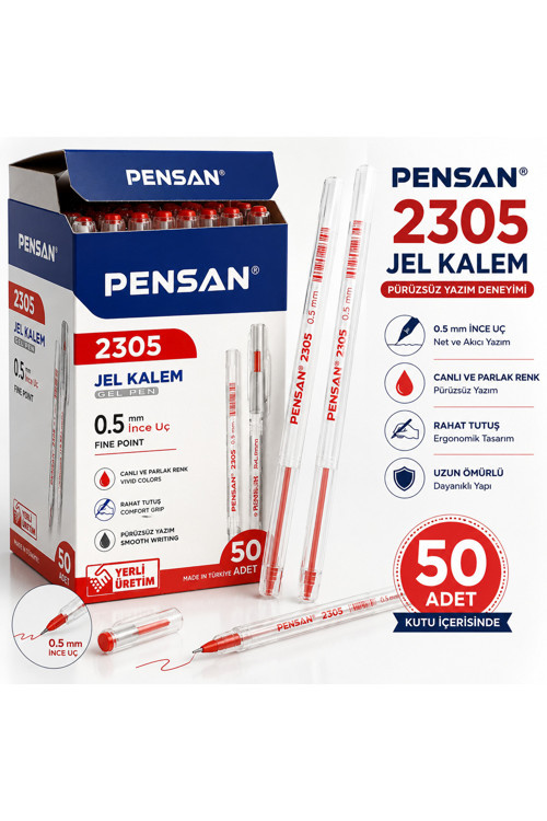 2305 Kırmızı Jel Kalem 0.5 Mm 50'Li Kutu | Akıcı Yazım, İnce Uç, Okul Ofis Ve Günlük Kullanım