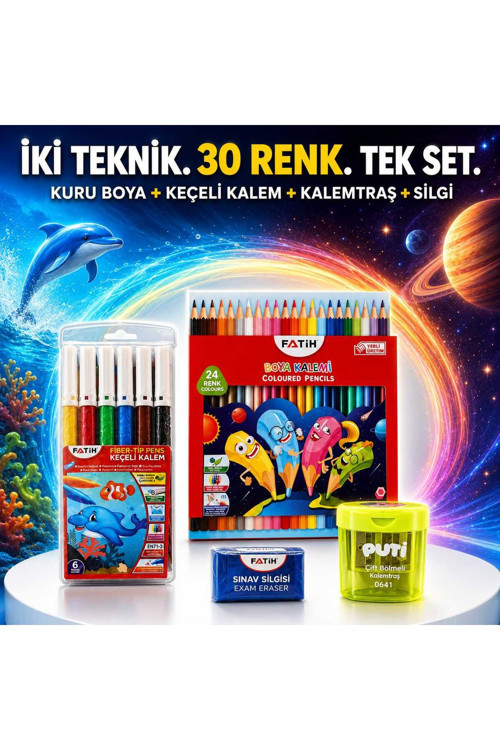 32 Parça Boyama Seti – 24 Renk Kuru Boya, 6 Renk Keçeli Kalem, Silgi Ve Puti Kalemtıraş Hediye