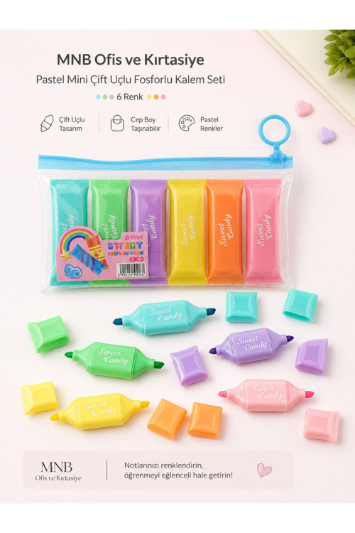 Sweet Candy, 6’Lı, Pastel, Mini Fosforlu Kalem, Çift Taraflı, Vurgulayıcı Kalem, Şeffaf Çanta Hediyeli, Okul, Ofis, Ajanda.