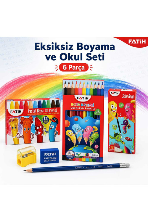 6 Parça Eksiksiz Boyama Ve Okul Kırtasiye Seti - 12 Renk Boya Kalemi,12 Renk Pastel Boya, 12 Renk Sulu Boya, Silgili Kurşun Kalem Kalem, Mavi Silgi, Kalemtıraş