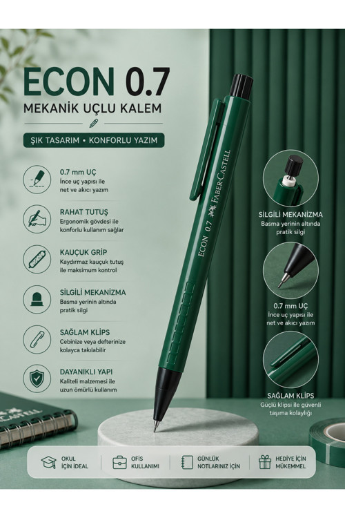 Faber-Castell Econ 0.7 Uçlu Kalem | Silgili Mekanizma, Ergonomik Tutuş, Dayanıklı Gövde, Okul Ofis Ve Günlük Kullanım