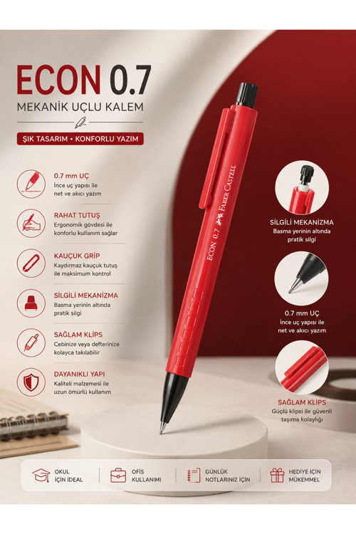 Faber-Castell Econ 0.7 Uçlu Kalem | Silgili Mekanizma, Ergonomik Tutuş, Dayanıklı Gövde, Okul Ofis Ve Günlük Kullanım