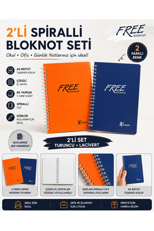 2'Li Free Spiralli Bloknot Seti Çizgili Not Defteri Okul Ofis Ve Günlük Kullanım İçin