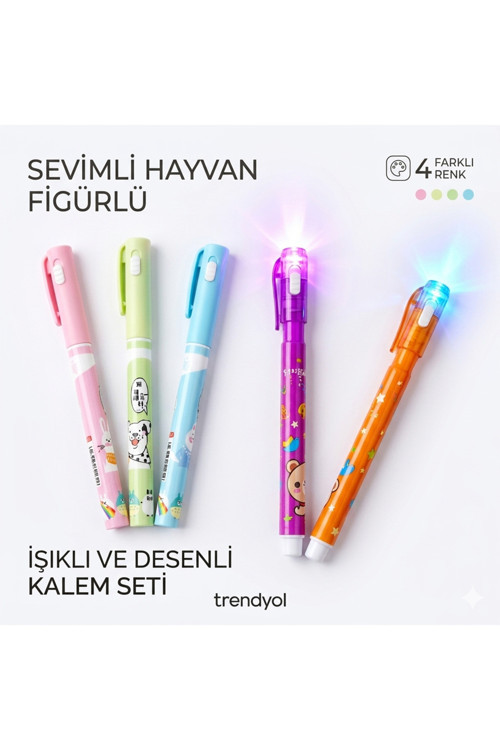 Işıklı Sevimli Hayvan Figürlü Desenli Kalem Renk Seçenekleri -1 Adet