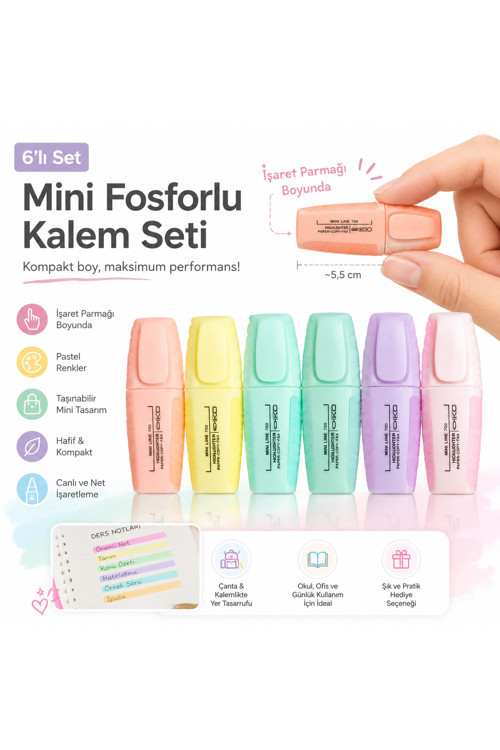 Mini Fosforlu Kalem 6’Lı Set Pastel Renkler Kompakt Boy İşaretleme Kalemi Okul Ofis Ders Notu Kalemi
