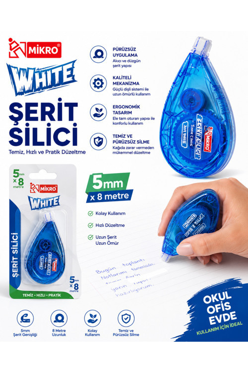 White Premium Şerit Silici 5Mm X 8M | Pürüzsüz Düzeltme Bandı | Okul, Ofis Ve Günlük Kullanım Alternatif: