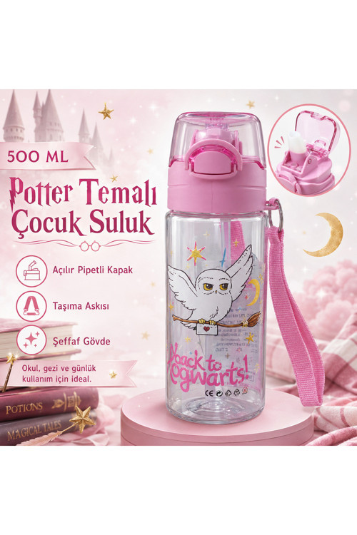 Temalı 500 Ml Pipetli Çocuk Suluk Pembe Okul Matarası