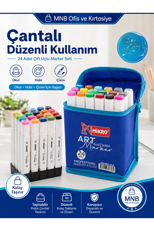 Art 24'Lü Profesyonel Keçeli Kalem Marker Seti - Özel Çantalı Çift Uçlu İnce Ve Kalın Kesik Uçlu Mimari Çizim Ve Boyama Kalemleri