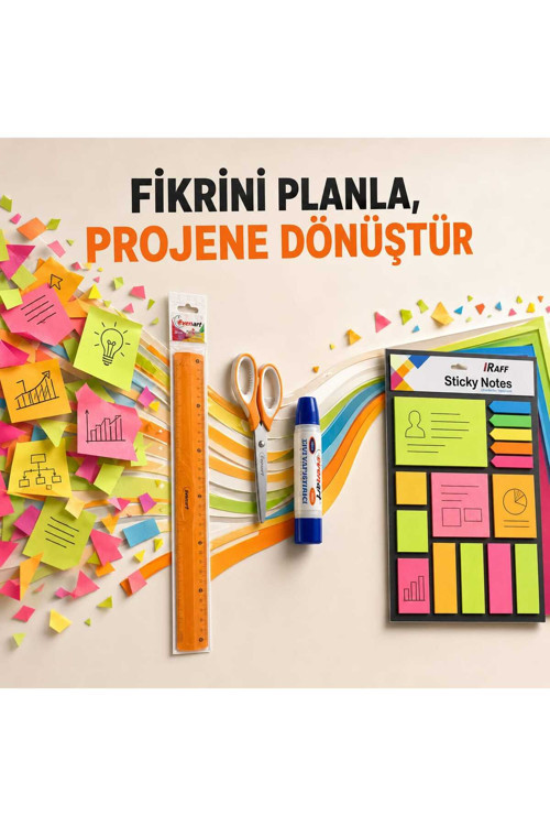 Ve Raff 4 Parça Okul, Ofis Ve Proje Seti – 30 Cm Cetvel, Makas, 45 Ml Sıvı Yapıştırıcı Ve 15 Farklı Renkli Yapışkanlı Not Kâğıdı