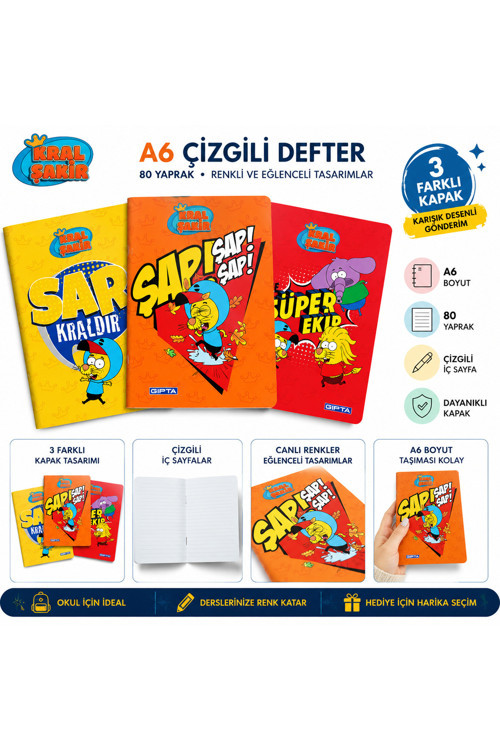 3 Adet Kral Şakir A6 Çizgili Defter 80 Yaprak Karışık Kapak Tasarımlı Okul Defteri Günlük Not Defteri