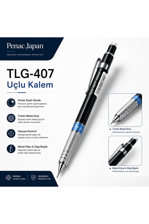 Tlg-407 0.7 Mm Metal Gripli Uçlu Kalem, Siyah Gövde, Kaymaz Tutuşlu Profesyonel Mekanik Uçlu Kalem