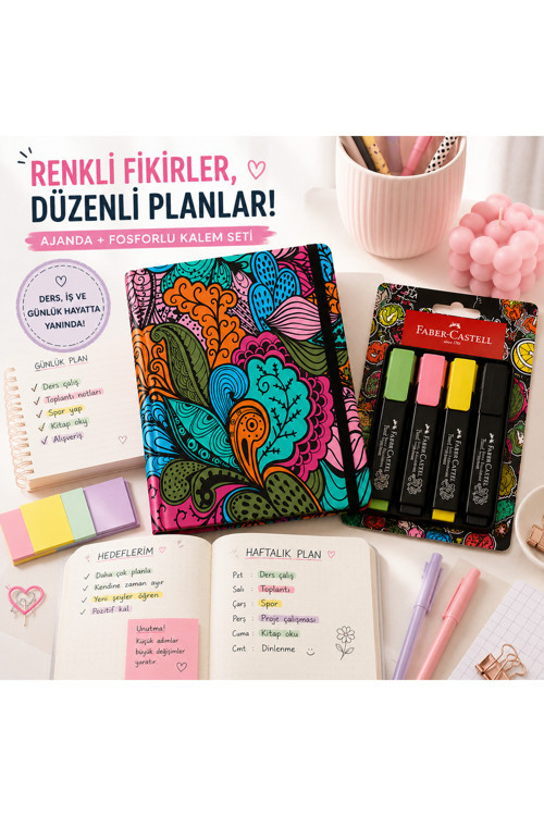 Desenli Çizgili Ajanda Ve Faber-Castell Pastel Fosforlu Kalem Seti | Günlük Planlayıcı, Not Defteri, Hedef Takibi, Ders Ve Ofis Kullanımı