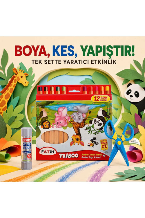 Okul Öncesi, Anaokulu Triboo 12 Renk Jumbo Kuru Boya, Mikro Stick Yapıştırıcı Ve Çocuk Makası – Boyama Kesme Yapıştırma Etkinlik Seti Yaz Eğlencesi