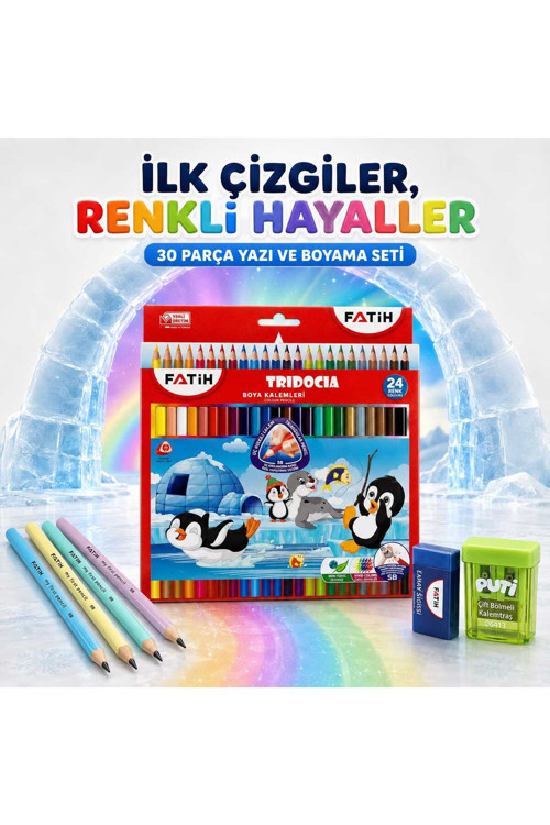Tridocia 30 Parça Üçgen Kalem Seti – 24 Renk Kuru Boya, 4 İlk Kalemim Grafit Kalem, Silgi Ve Puti Kalemtıraş Hediyeli