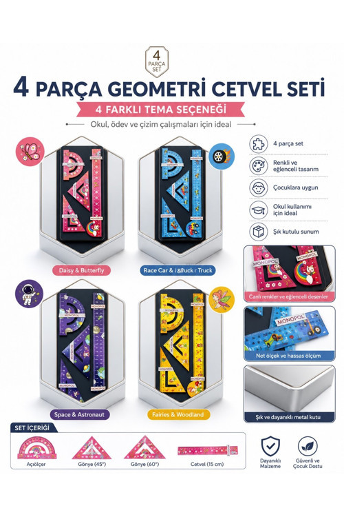 Geometri Cetvel Seti - 4 Parça Eğlenceli Tasarım Okul Kırtasiye Gereçleri