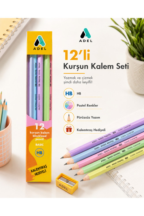 Basic Pastel 12’Li Hb Kurşun Kalem Seti | Kalemtıraş Hediyeli | Renkli Gövdeli Yazı, Çizim Ve Okul Kalemi