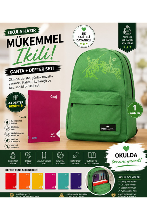 Suya Dayanıklı Yeşil Okul Sırt Çantası + Hediye A4 Cool Defter | Hafif Ve Konforlu Kullanım