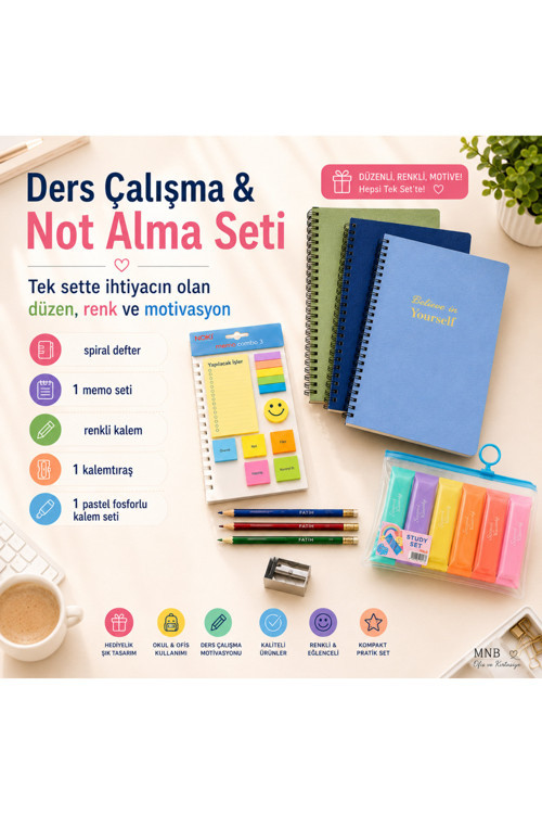 Ders Çalışma, Not Defteri & Not Alma Seti 1 Defter + 3 Kurşun Kalem + Pastel Fosforlu Kalem + Mini Metal Kalemtraş Hediye: Noki Yapışkanlı Set