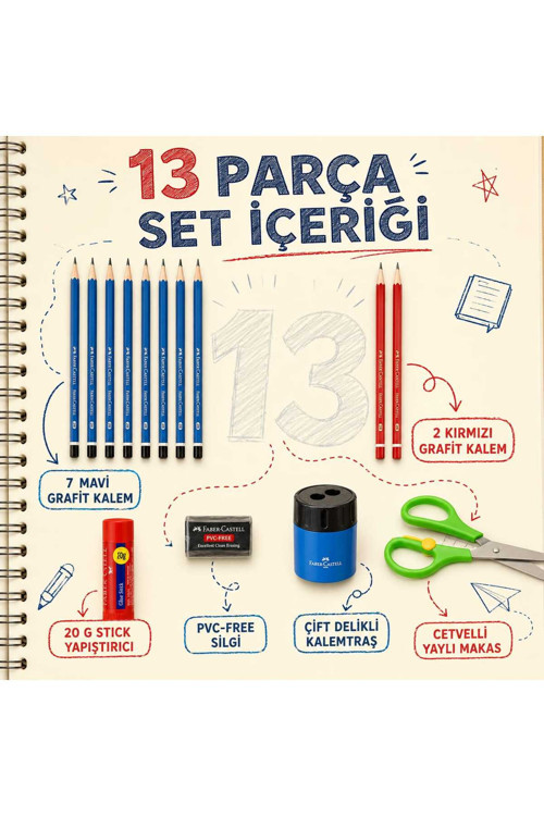 Faber-Castell 1 Parça Okul Çalışma Ve Proje Seti – 6 Kurşun Kalem 2 Kopya Kalem, 20 Gr Stick Yapıştırıcı, Silgi, Çift Delikli Kalemtıraş Ve Adel Cetvelli Makas