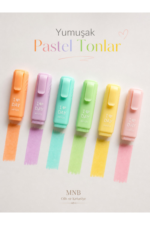 6’Lı, Pastel, Fosforlu Kalem, Hediye Şeffaf Çantalı, Mini Vurgulayıcı, Okul, Ofis, Ajanda, Not İşaretleme