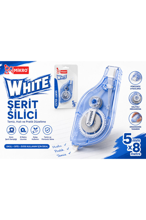 White Şerit Silici 5Mm X 8M | Düzeltme Şeridi | Hızlı Ve Temiz Düzeltme Bandı | Okul Ofis Kırtasiye