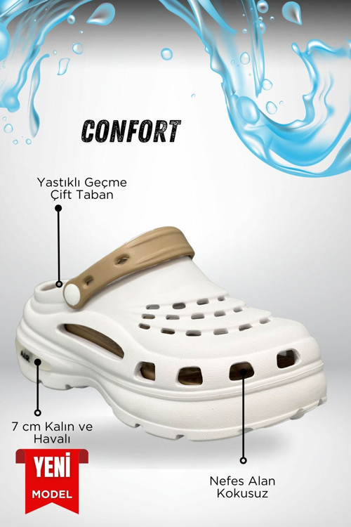Yüksek Çift Taban Taşlı Deniz Havuz Sabo Doktor Hemşire Hastane Comfort Günlük Kadın Terlik Beyaz Vizon
