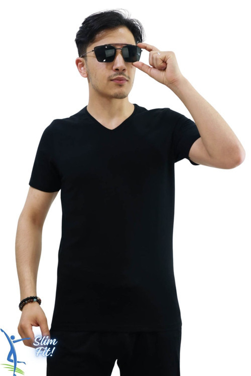 Erkek Slim Fit V Yaka Tişört - Dar Kesim Basic Günlük T-Shirt Siyah