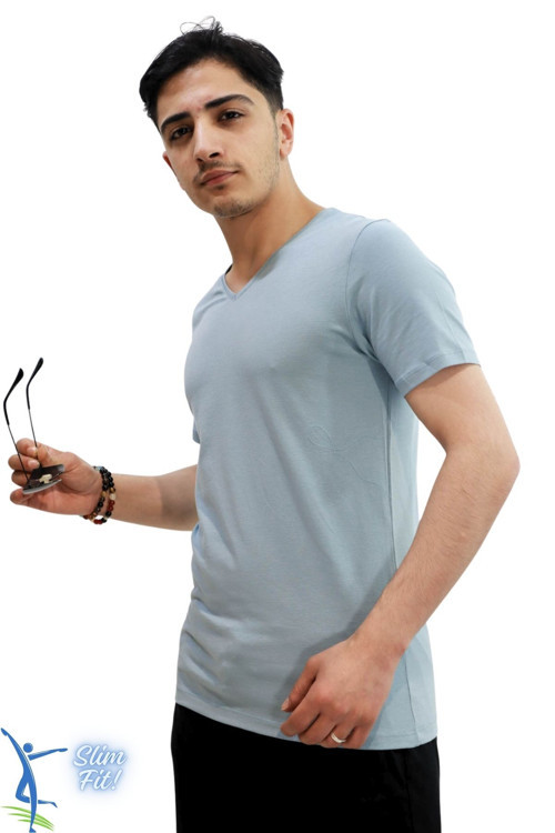 Erkek Slim Fit V Yaka Tişört - Dar Kesim Basic Günlük T-Shirt Bebe Mavi