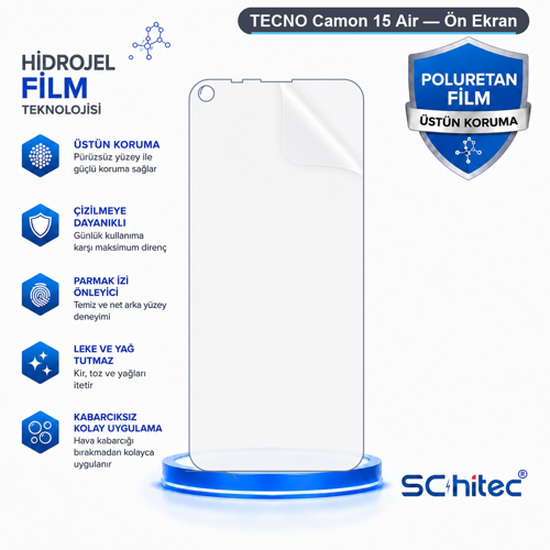 TECNO Camon 15 Air Uyumlu Ön Yüzey Nano Şeffaf Hidrojel Ekran Koruyucu