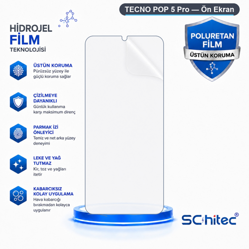 TECNO POP 5 Pro Uyumlu Ön Yüzey Nano Şeffaf Hidrojel Ekran Koruyucu