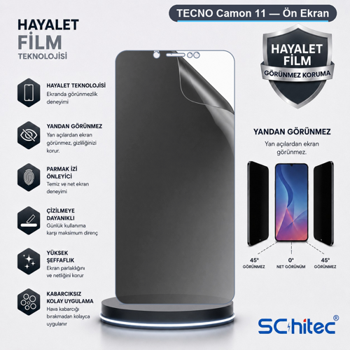 TECNO Camon 11 Uyumlu Ön Yüzey Hayalet Privacy Hidrojel Ekran Koruyucu