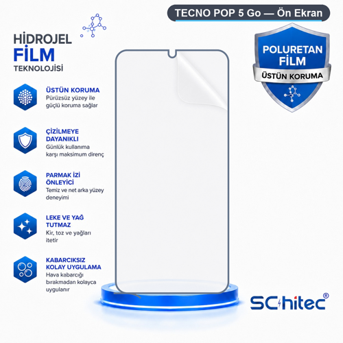 TECNO POP 5 Go Uyumlu Ön Yüzey Nano Şeffaf Hidrojel Ekran Koruyucu
